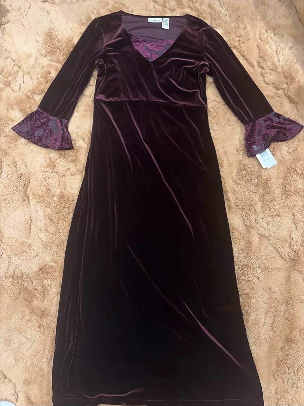 Vtg Y2K Velvet Burnout Dress Vamp Burgundy Whimsigoth Ren Faire Bell Sleeve NWT